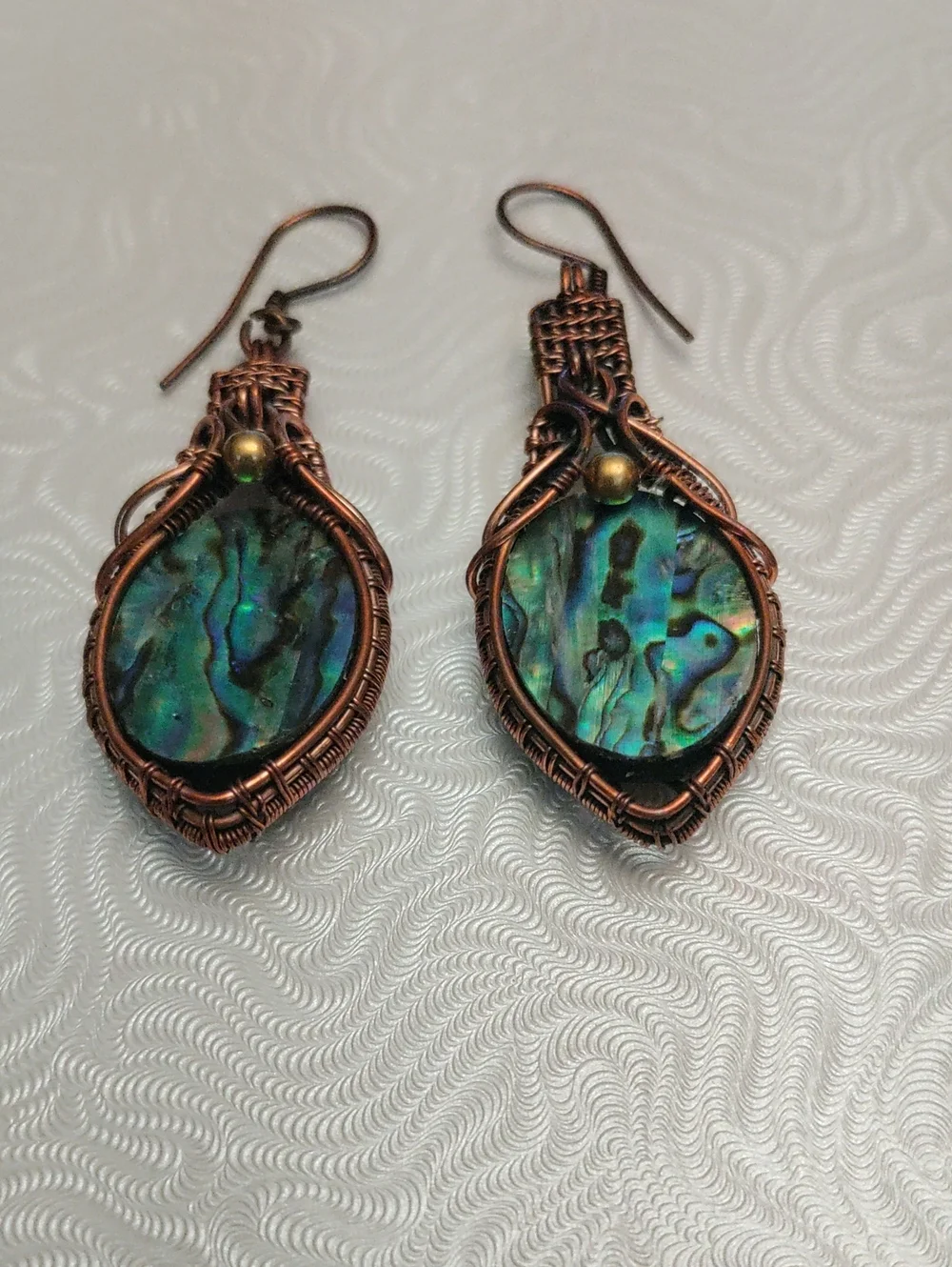 Artisan Copper Wire Abalone Teardrop Earrings - Blue Green